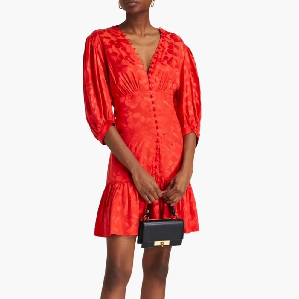 NWT Sandro Red Silk-Blend Floral Jacquard "Azelie" Mini Dress